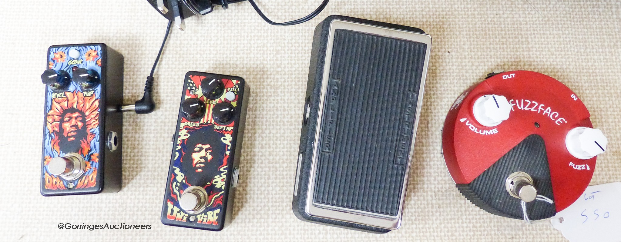 A Dunlop JMW3 Univibe Chorus Vibrato pedal, JHW261 Psych series fuzz pedal, Dunlop Cry Baby Mini, Hendrix fuzz face